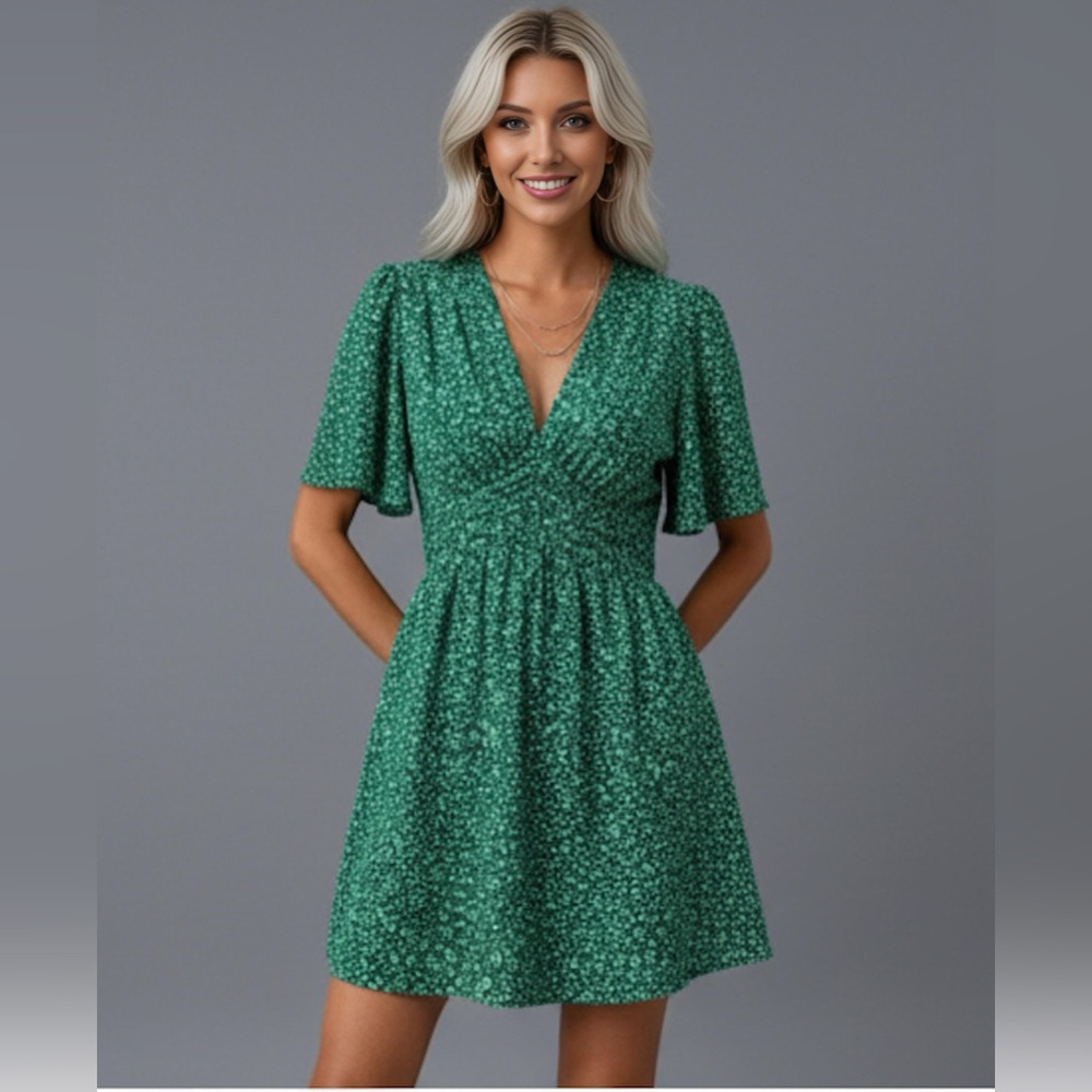 Green Floral Printed Ruffle Short Sleeve Dress - Picture 1 of 9